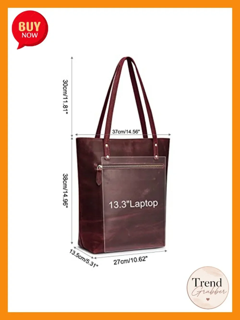 Leather Tote Bag with Padded Laptop Compartment and Luggage Sleeve